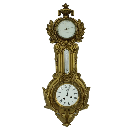 1083 - Gilt metal cased clock barometer and thermometer, the two train clock movement striking on a bell an... 