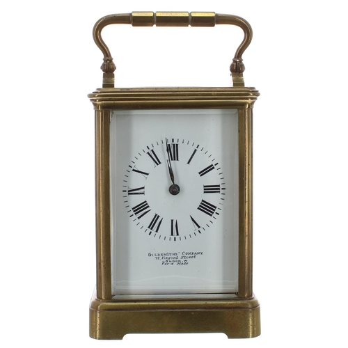 1121 - French carriage clock striking on a gong, within a corniche brass case, 6.5