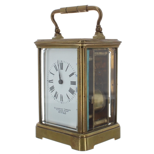 1121 - French carriage clock striking on a gong, within a corniche brass case, 6.5