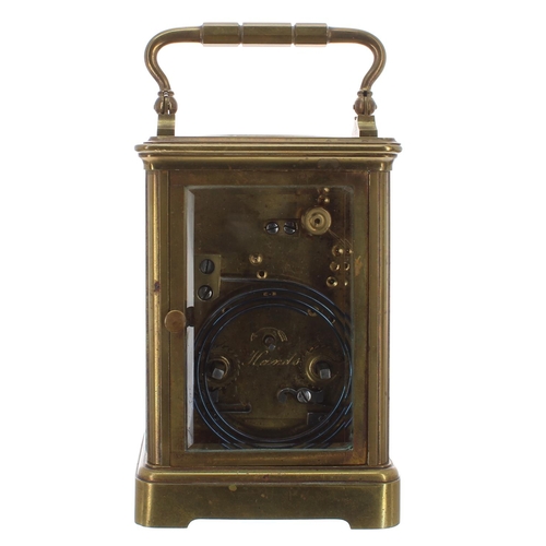 1121 - French carriage clock striking on a gong, within a corniche brass case, 6.5