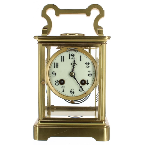 1126 - Giant French brass and four glass two train carriage clock striking on a gong and with platform esca... 