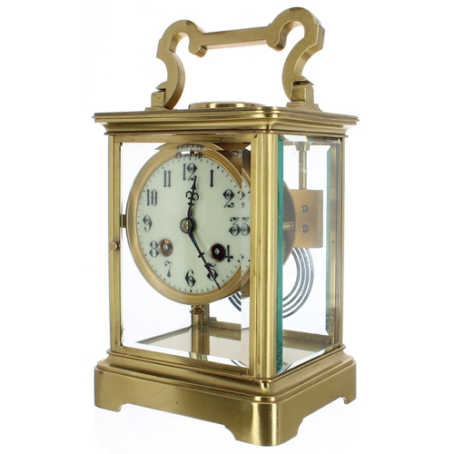 1126 - Giant French brass and four glass two train carriage clock striking on a gong and with platform esca... 