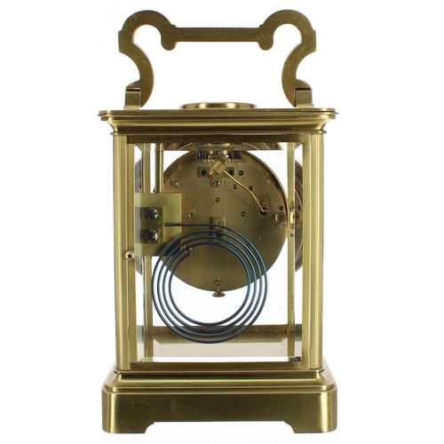 1126 - Giant French brass and four glass two train carriage clock striking on a gong and with platform esca... 