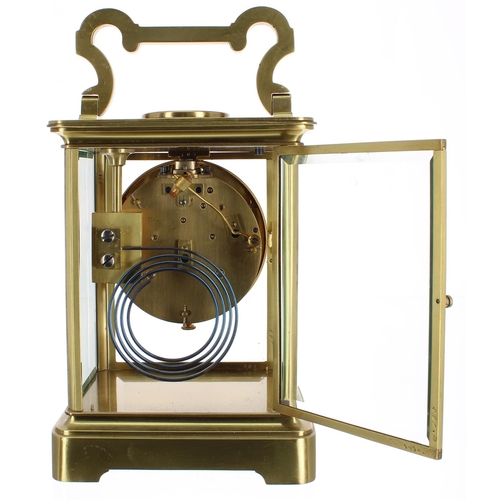 1126 - Giant French brass and four glass two train carriage clock striking on a gong and with platform esca... 