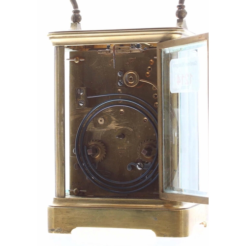 1136 - French repeater carriage clock striking on a gong, the movement back plate stamped with the maker's ... 