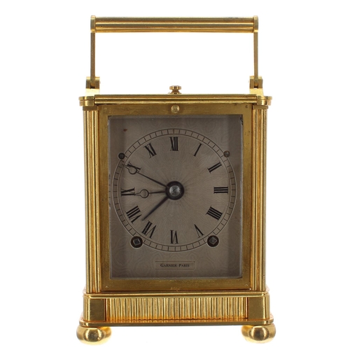 1142 - Good French ormolu carriage clock striking on a gong, the silvered engine turned dial signed Garnier... 