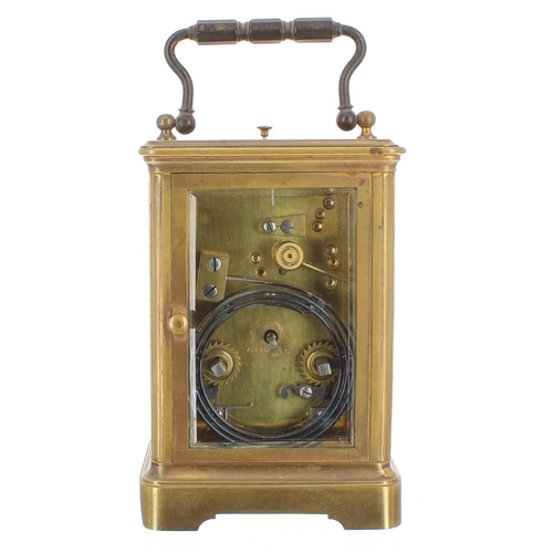 1145 - French repeater carriage clock striking on a gong, the movement back plate bearing the Margaine... 