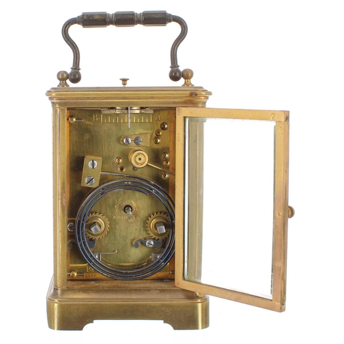 1145 - French repeater carriage clock striking on a gong, the movement back plate bearing the Margaine... 