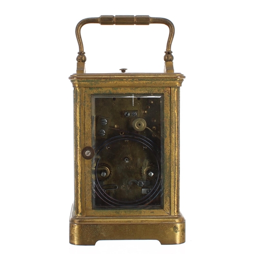 1146 - French repeater carriage clock striking on a gong, the movement back plate stamped C.V, no. 31586, t... 