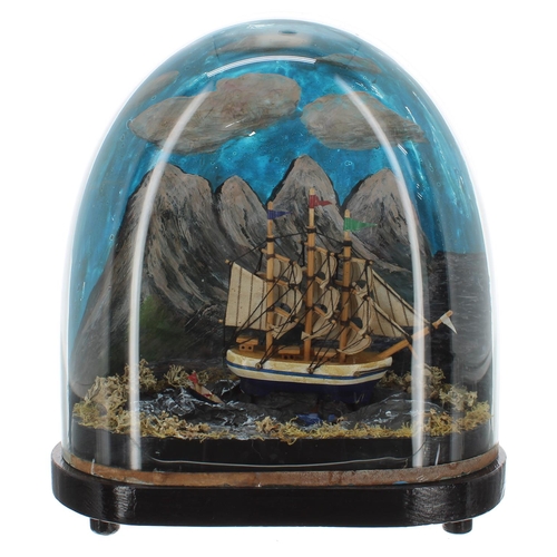 1160 - Automata rocking ship musical box, under a glass dome and upon an ebonised base with rounded ends, 9... 