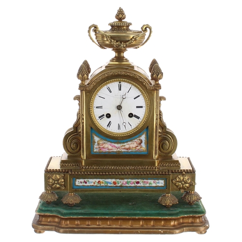 1232 - French ormolu and porcelain mounted two train mantel clock, the 3.5