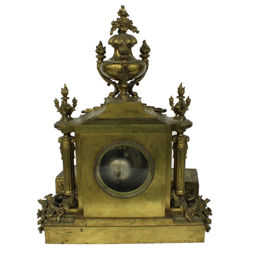 1235 - Large and impressive solid French brass two train mantel clock garniture with matching fire dogs and... 