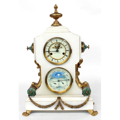 1238 - Good French late 20th century white marble two train calendar mantel clock striking on a bell, the 5... 