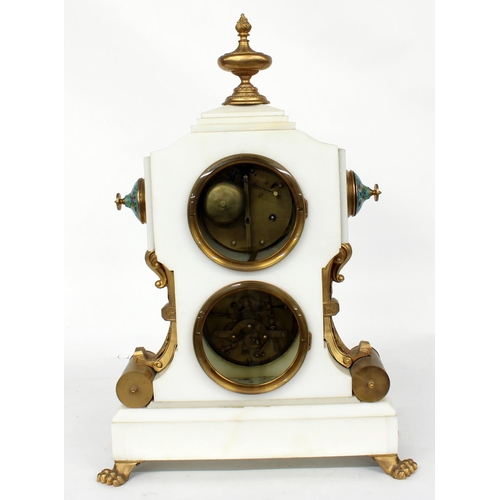 1238 - Good French late 20th century white marble two train calendar mantel clock striking on a bell, the 5... 