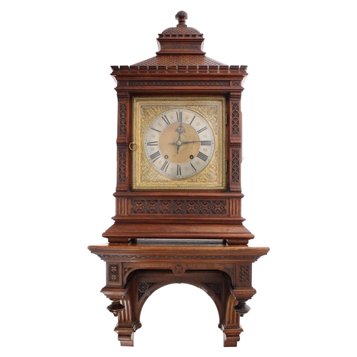 1240 - Mahogany two train mantel clock and original matching bracket, the movement striking on a gong, the ... 