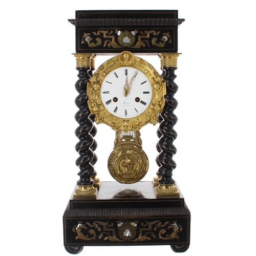 1241 - French ebonised and inlaid two train portico mantel clock, the movement with outside countwheel stri... 