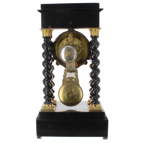 1241 - French ebonised and inlaid two train portico mantel clock, the movement with outside countwheel stri... 