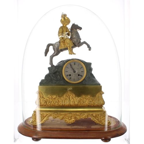 1242 - French ormolu and bronzed two train mantel clock, the movement with outside countwheel and silk susp... 