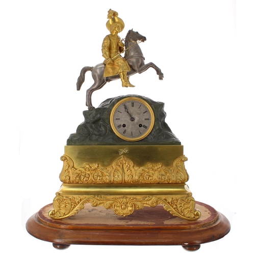 1242 - French ormolu and bronzed two train mantel clock, the movement with outside countwheel and silk susp... 