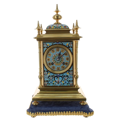 1245 - Good and attractive French ormolu and champleve two train mantel clock, the movement back plate stam... 