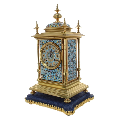 1245 - Good and attractive French ormolu and champleve two train mantel clock, the movement back plate stam... 