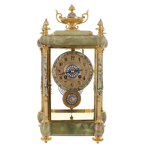 1248 - Good French ormolu, champleve and green onyx cased two train four glass mantel clock, the Japy Frere... 