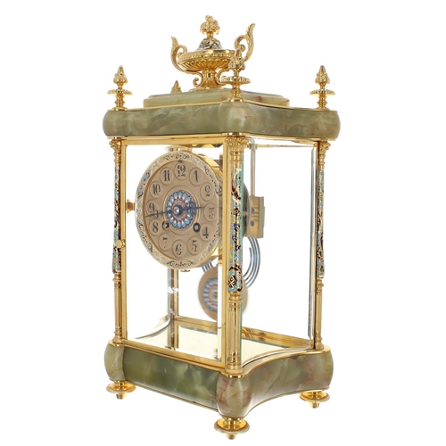 1248 - Good French ormolu, champleve and green onyx cased two train four glass mantel clock, the Japy Frere... 