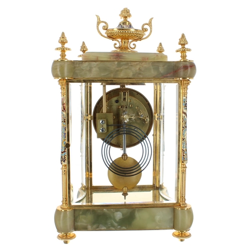 1248 - Good French ormolu, champleve and green onyx cased two train four glass mantel clock, the Japy Frere... 