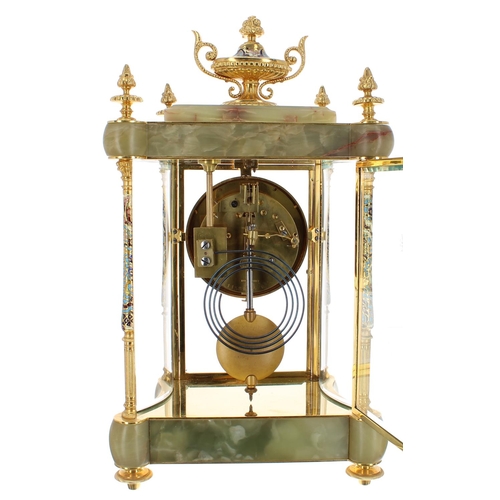 1248 - Good French ormolu, champleve and green onyx cased two train four glass mantel clock, the Japy Frere... 