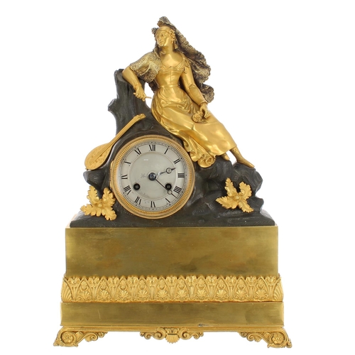 1250 - French Empire ormolu and bronze two train mantel clock, the movement with outside countwheel, silk s... 