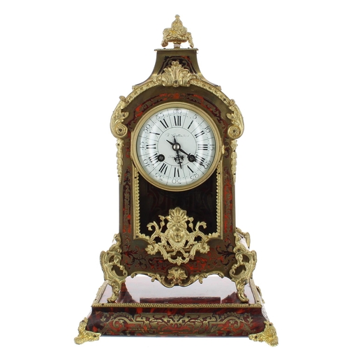 1252 - French Boulle two train mantel clock with matching plinth, the 3.75