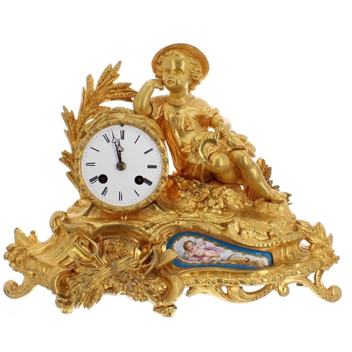 1253 - French gilt metal and porcelain mounted two train figural mantel clock, the Japy Freres movement wit... 