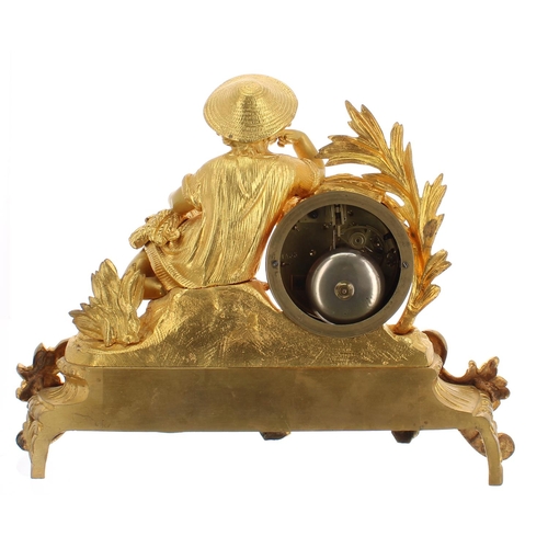 1253 - French gilt metal and porcelain mounted two train figural mantel clock, the Japy Freres movement wit... 