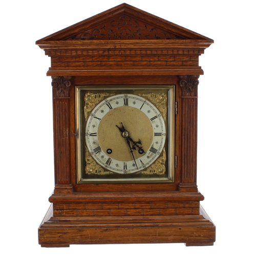 1254 - German oak two train ting-tang mantel clock, the W & H movement striking on two gongs, the 5.5