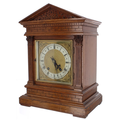 1254 - German oak two train ting-tang mantel clock, the W & H movement striking on two gongs, the 5.5