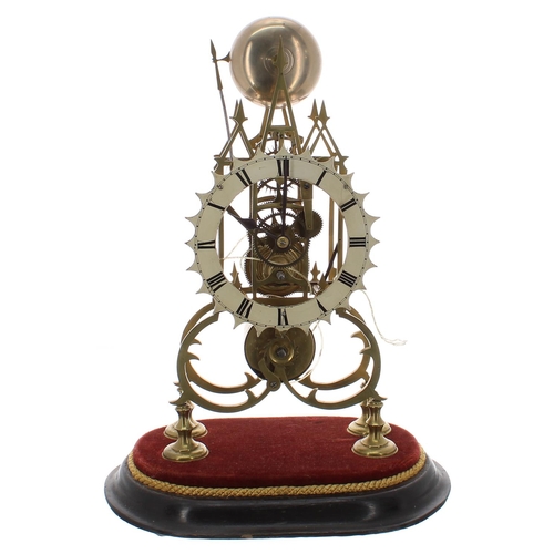 1259 - Brass single fusee skeleton clock with passing strike on a bell, with 5.75