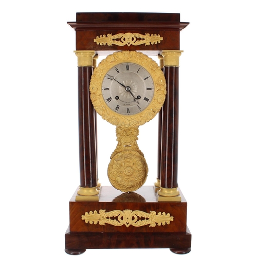 1269 - Good French mahogany and ormolu mounted two train portico mantel clock, the 4.25