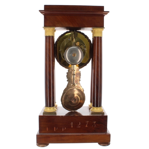 1269 - Good French mahogany and ormolu mounted two train portico mantel clock, the 4.25