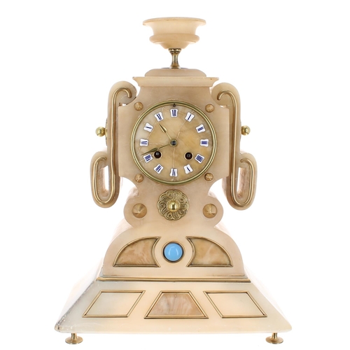 1272 - Unusual French alabaster two train mantel clock, the Japy Freres movement with outside countwheel an... 