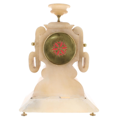 1272 - Unusual French alabaster two train mantel clock, the Japy Freres movement with outside countwheel an... 