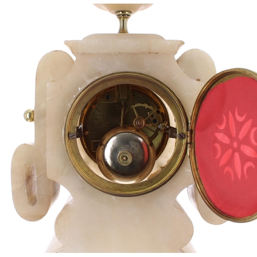 1272 - Unusual French alabaster two train mantel clock, the Japy Freres movement with outside countwheel an... 