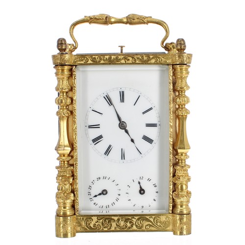 1143 - Good early French repeating calendar alarm carriage clock striking on a bell, the principal dial ove... 