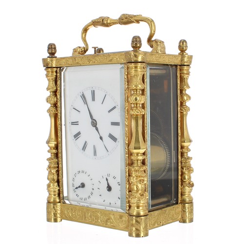 1143 - Good early French repeating calendar alarm carriage clock striking on a bell, the principal dial ove... 