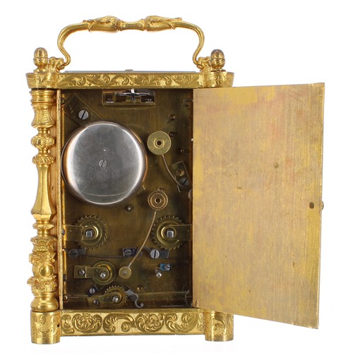 1143 - Good early French repeating calendar alarm carriage clock striking on a bell, the principal dial ove... 