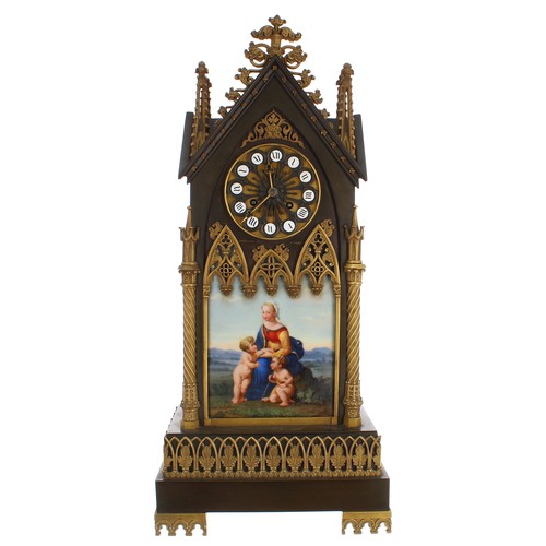 1258 - French ecclesiastical inspired bronze and ormolu two train gothic mantel clock, the movement back pl... 