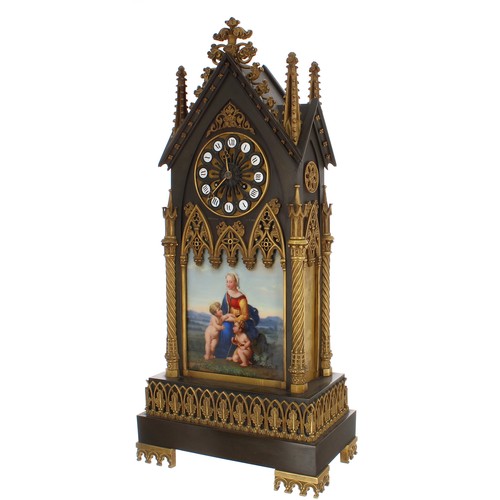 1258 - French ecclesiastical inspired bronze and ormolu two train gothic mantel clock, the movement back pl... 