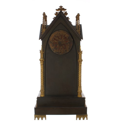 1258 - French ecclesiastical inspired bronze and ormolu two train gothic mantel clock, the movement back pl... 