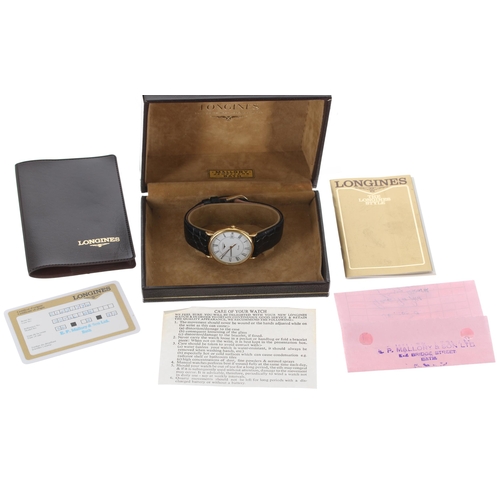 97 - Longines Quartz 9ct gentleman's wristwatch, ref. 3973 156, white Roman numeral dial with date apertu... 