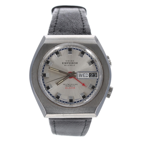 154 - Swiss Emperor Alarm stainless steel gentleman's wristwatch, circa 1970s, silvered dial with day/date... 