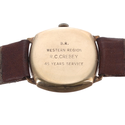 159 - Garrard 9ct cushion case gentleman's wristwatch, Birmingham 1957, the signed circular silvered dial ... 